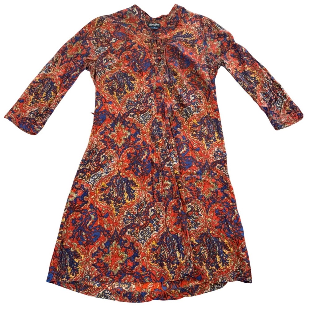 Lucky Brand Red Paisley Rayon Long Sleeve Mini Dress Womens Medium Boho